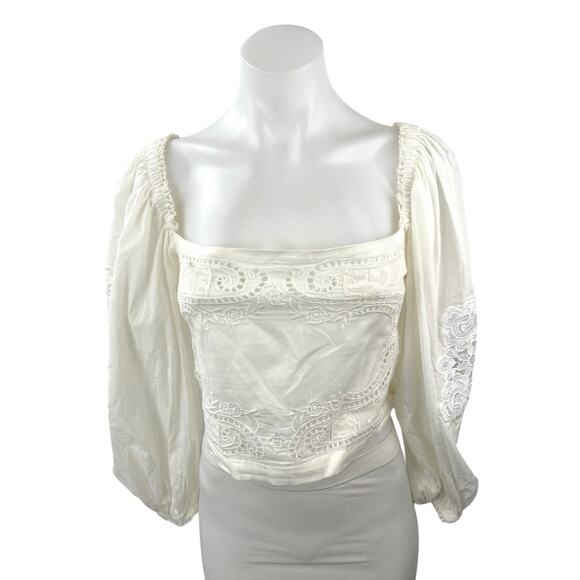 FARM Rio Tops - Farm Rio Women's White Floral Lace Embroidered Long Balloon Sleeve Blouse Top M
